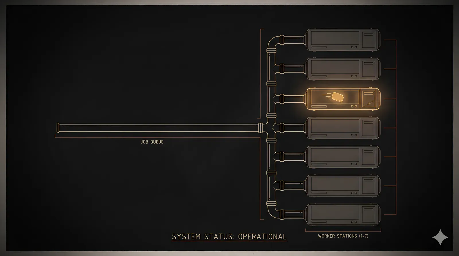 Seven worker stations fed by one queue; only one is active while a deceptive green check marks everything healthy.