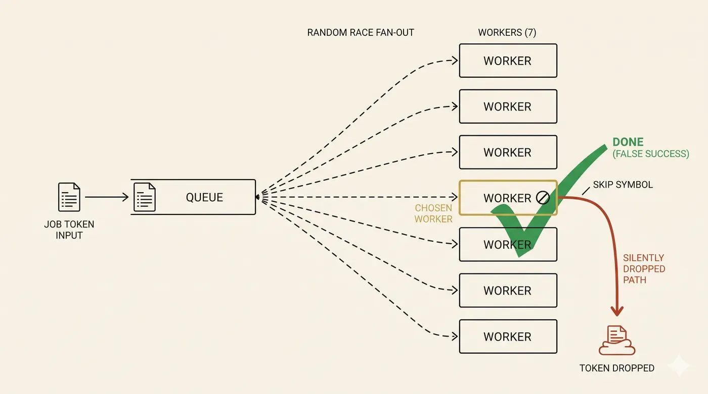 One job races to seven competing workers; the wrong worker drops it and BullMQ still marks it done.