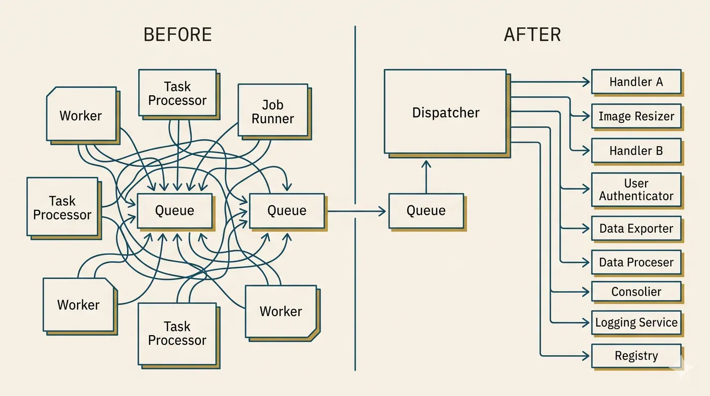 Before: seven @Processor classes competing on one queue. After: one dispatcher routing by job name to a handler registry.