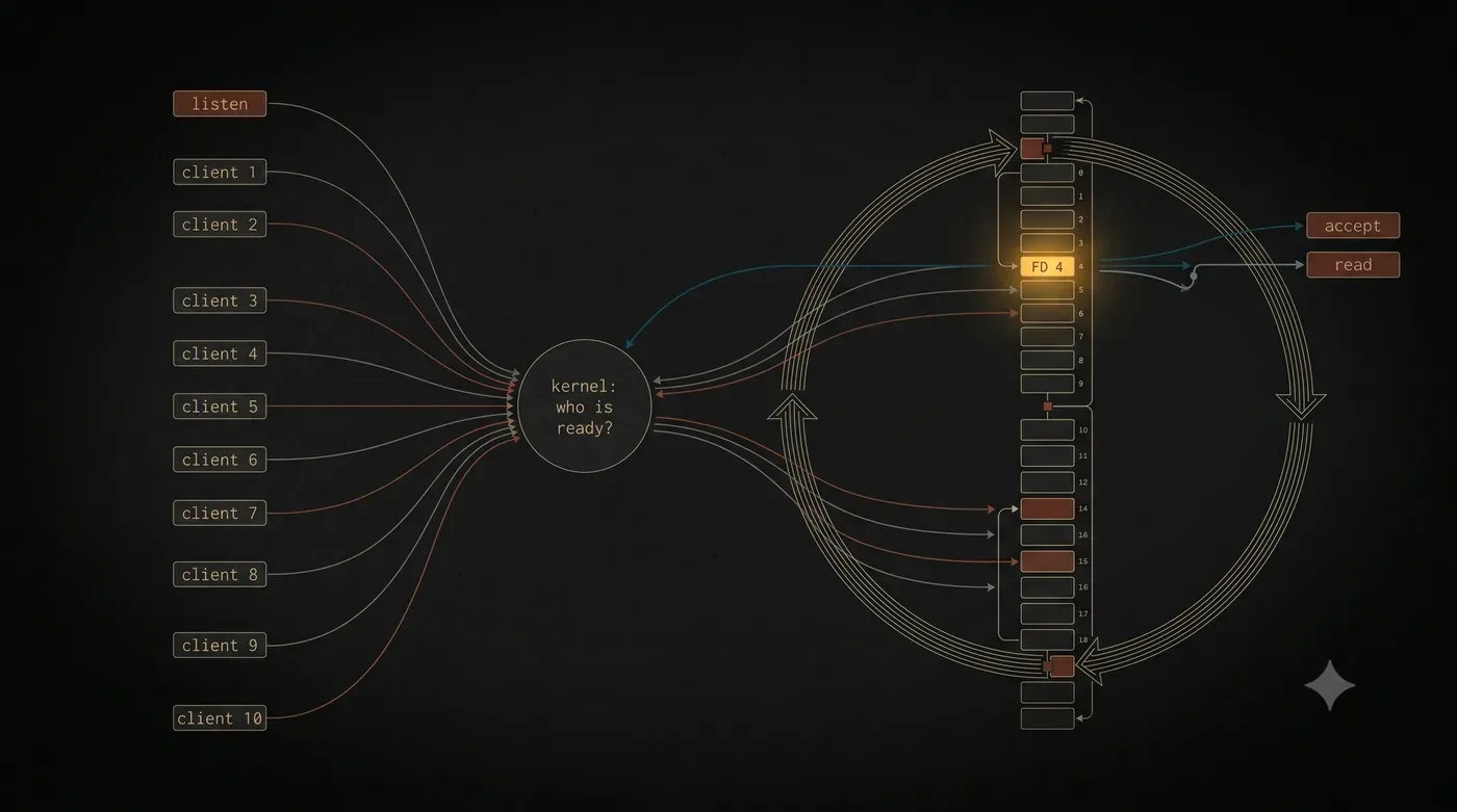The poll() loop: one array of listening and client sockets; the kernel returns which are ready, then the server accepts or reads.