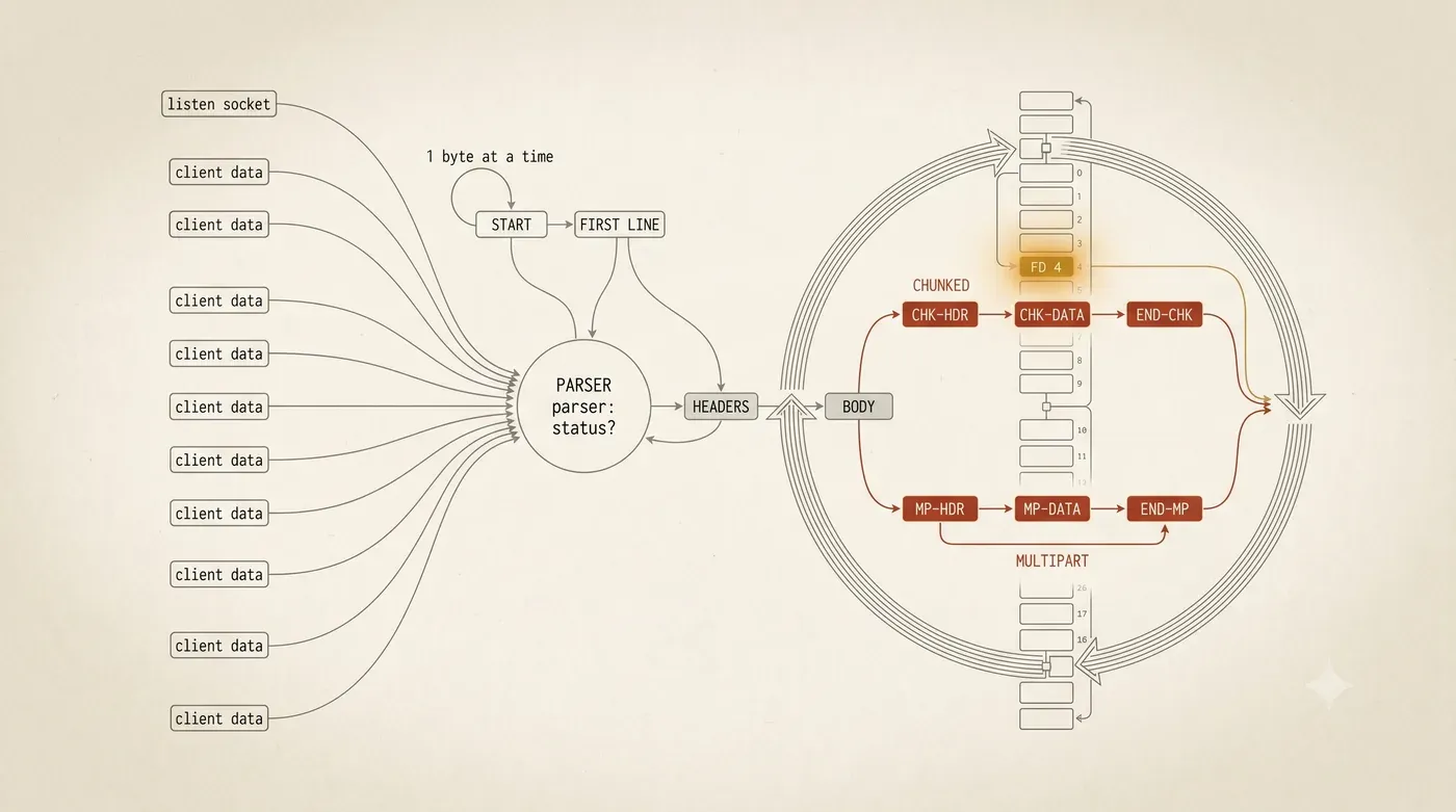 HTTP request parser state machine: START to first line to headers to body, branching into chunked and multipart.